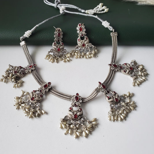 Kemp Stone & Pearl Necklace Set: Silver Plated South Indian Jewelry