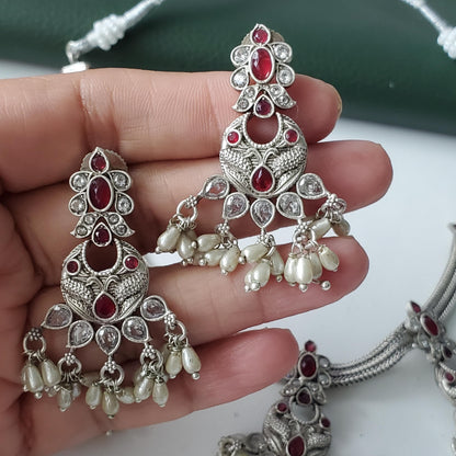 Kemp Stone & Pearl Necklace Set: Silver Plated South Indian Jewelry
