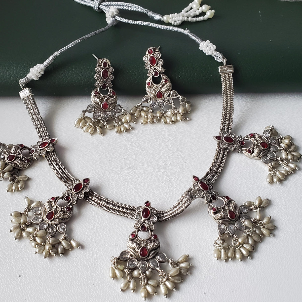 Kemp Stone & Pearl Necklace Set: Silver Plated South Indian Jewelry