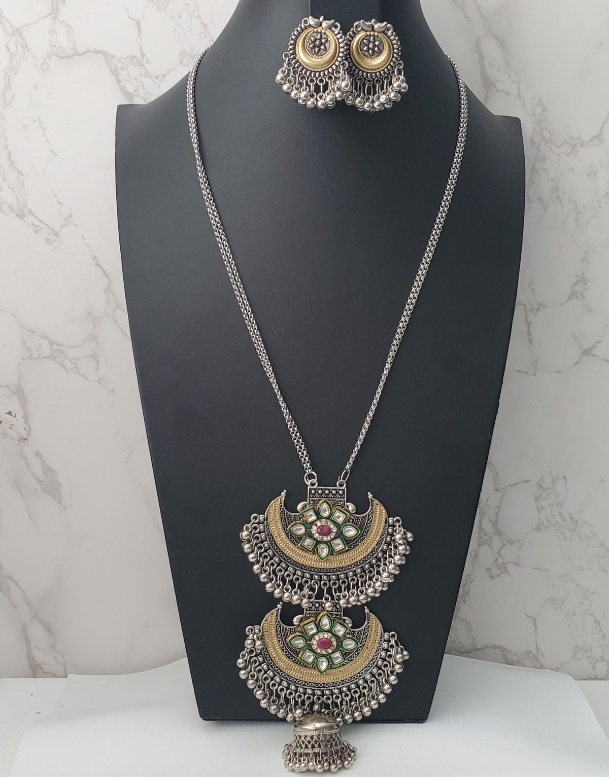 Dual tone Oxidised big pendent fancy long necklace with earrings