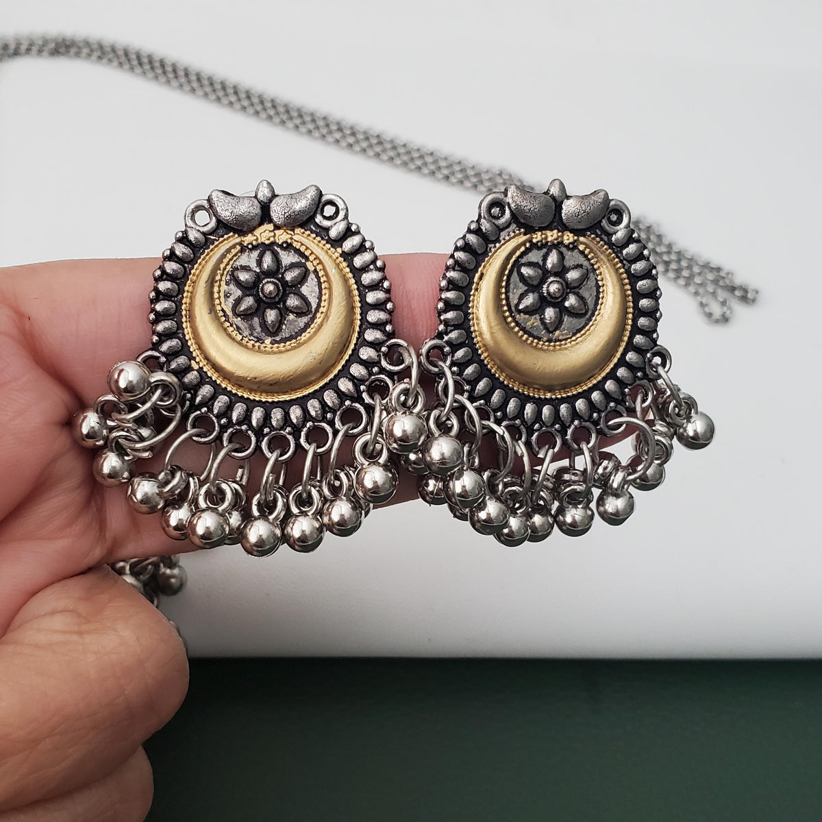Dual tone Oxidised big pendent fancy long necklace with earrings