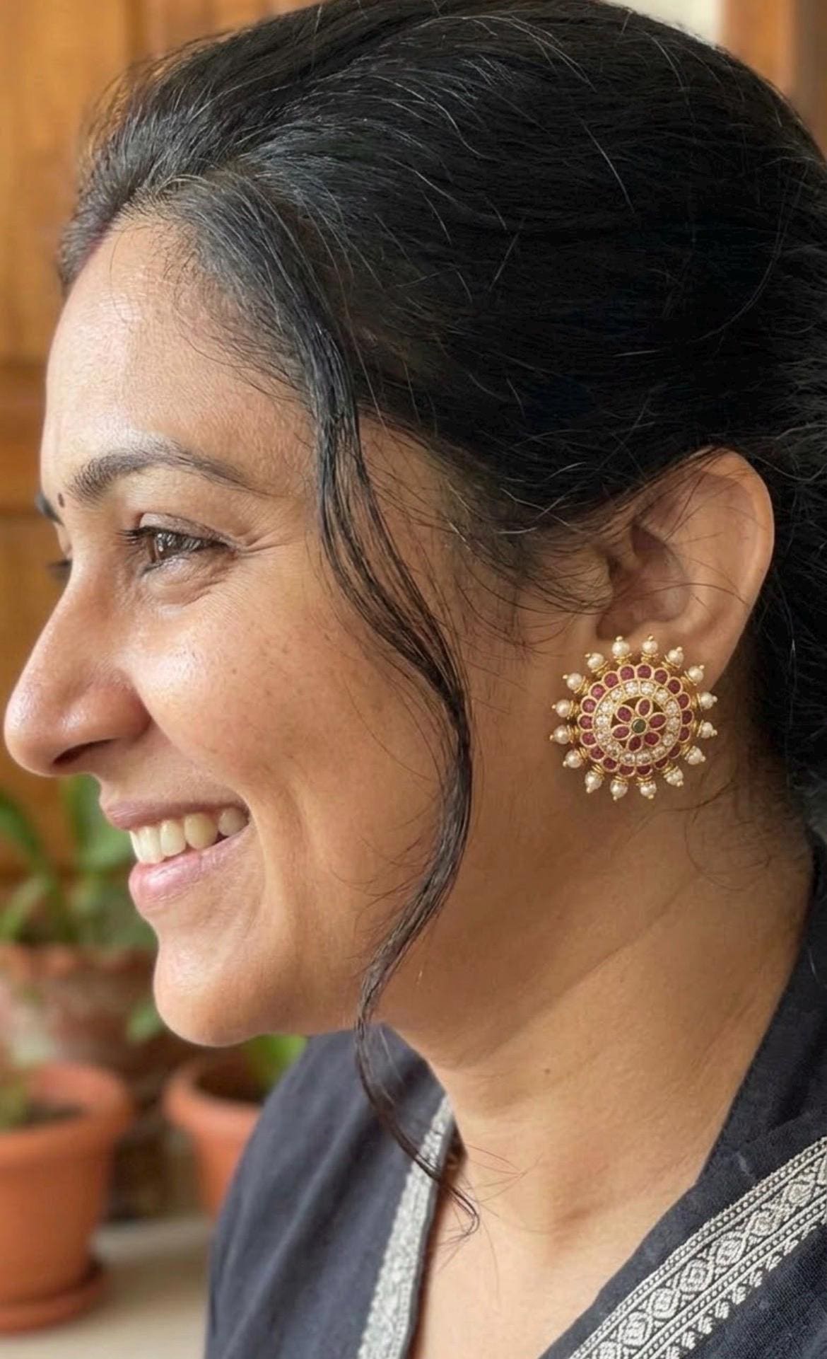 Gold Plated Kemp Stone Earrings: Indian Temple Jewelry