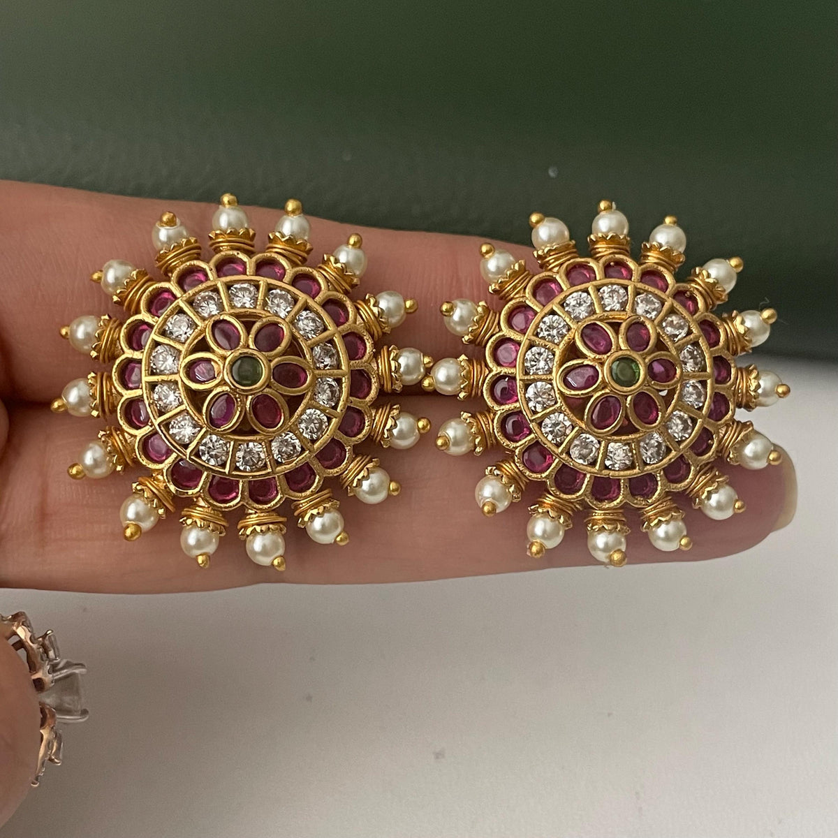 Gold Plated Kemp Stone Earrings: Indian Temple Jewelry
