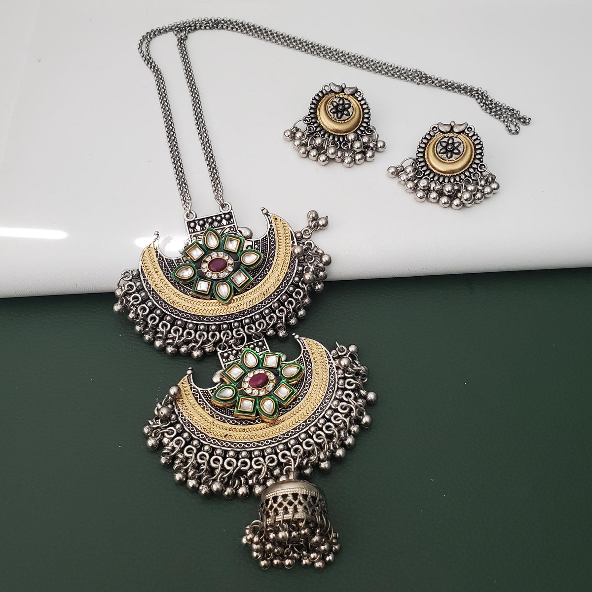 Dual tone Oxidised big pendent fancy long necklace with earrings