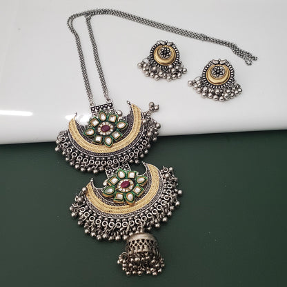 Dual tone Oxidised big pendent fancy long necklace with earrings