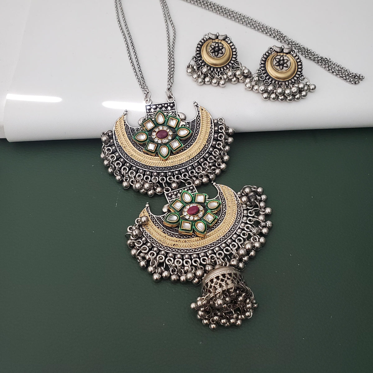 Dual tone Oxidised big pendent fancy long necklace with earrings