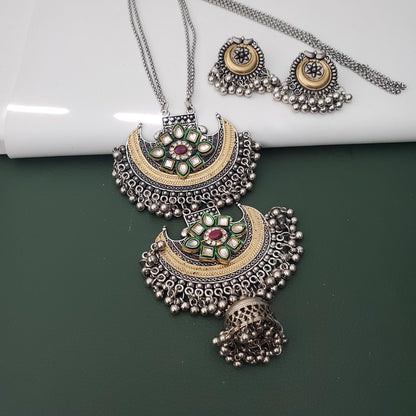 Dual tone Oxidised big pendent fancy long necklace with earrings