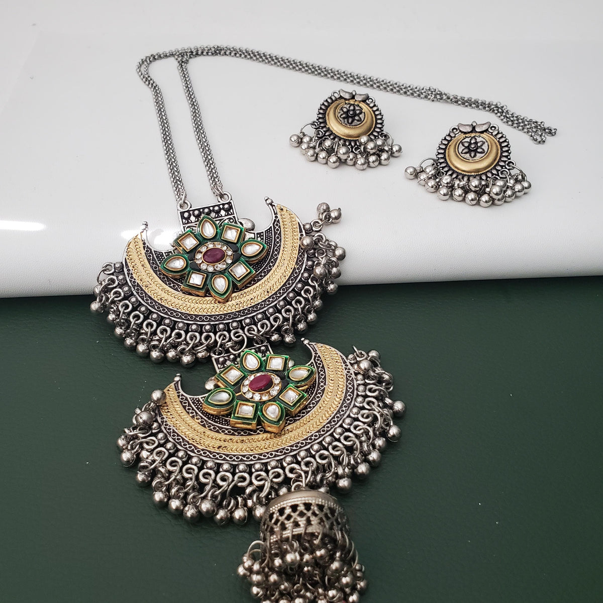 Dual tone Oxidised big pendent fancy long necklace with earrings