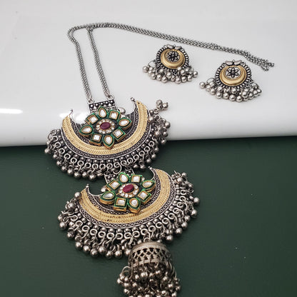 Dual tone Oxidised big pendent fancy long necklace with earrings