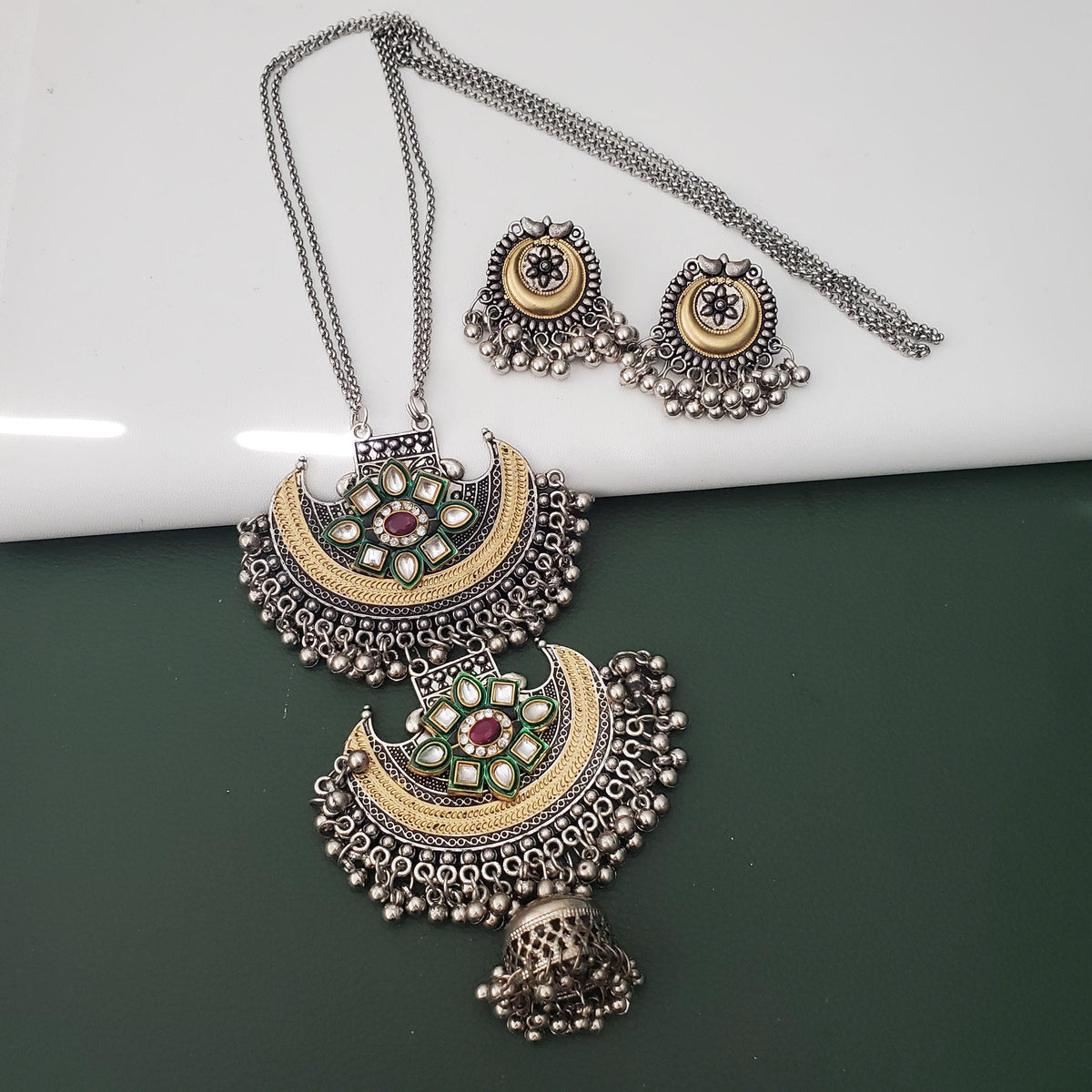 Dual tone Oxidised big pendent fancy long necklace with earrings