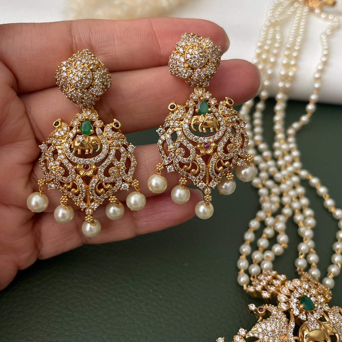 Gold Plated Victorian style cubic zirconia big pendent necklace set
