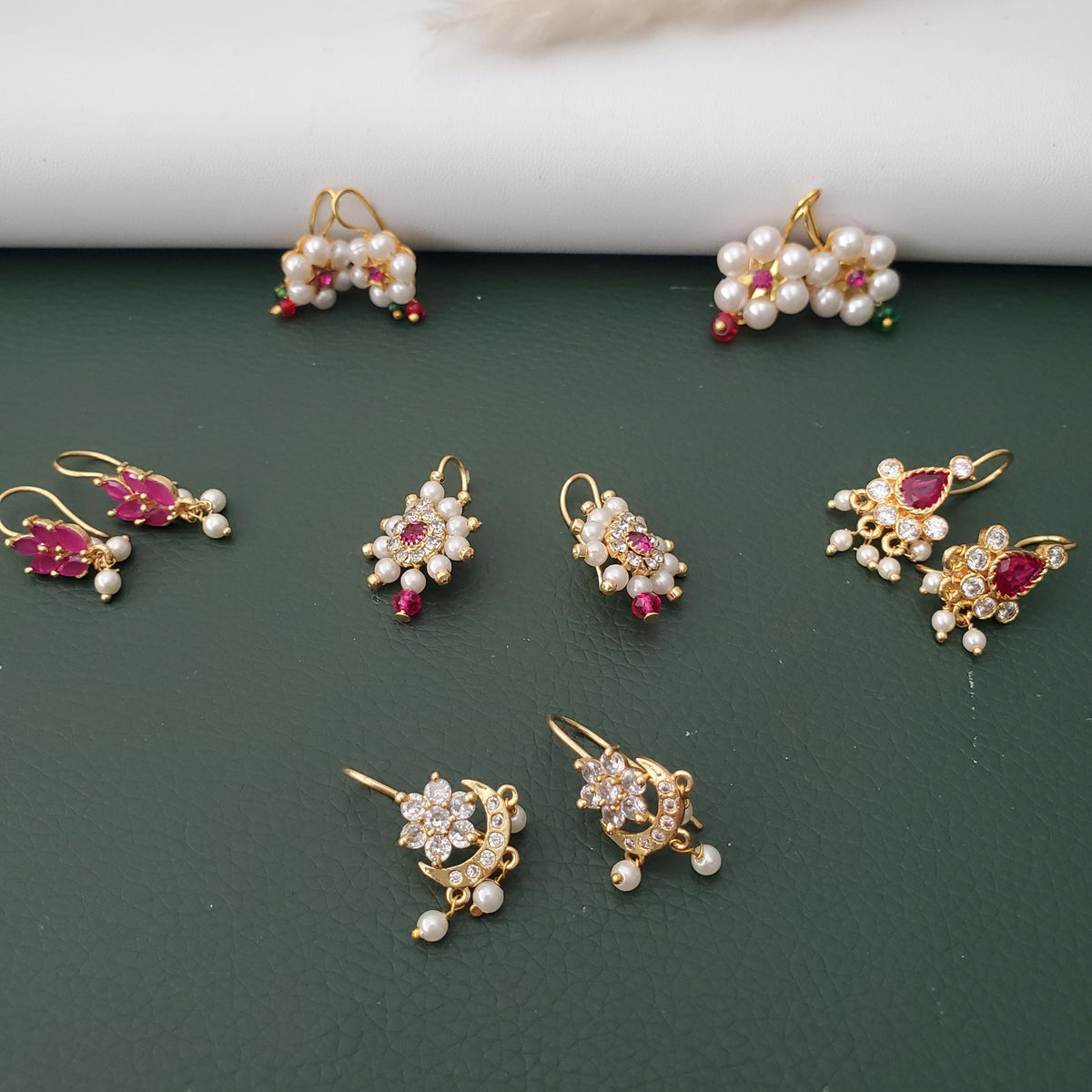 Maharashtrian Bugadi Earrings: Moti, CZ Ruby, Pearl Clip-Ons