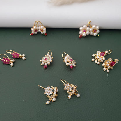 Maharashtrian Bugadi Earrings: Moti, CZ Ruby, Pearl Clip-Ons