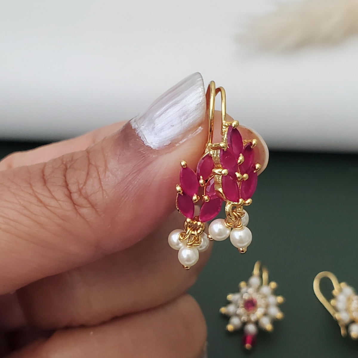 Maharashtrian Bugadi Earrings: Moti, CZ Ruby, Pearl Clip-Ons