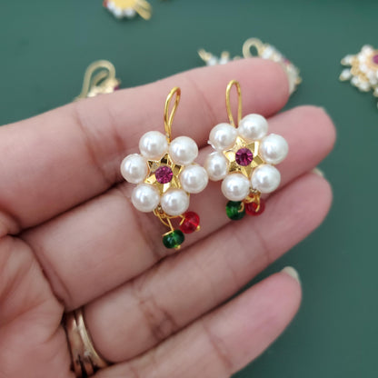 Maharashtrian Bugadi Earrings: Moti, CZ Ruby, Pearl Clip-Ons