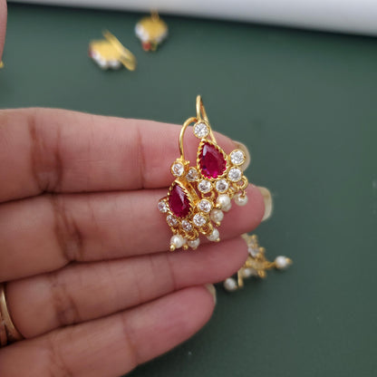 Maharashtrian Bugadi Earrings: Moti, CZ Ruby, Pearl Clip-Ons