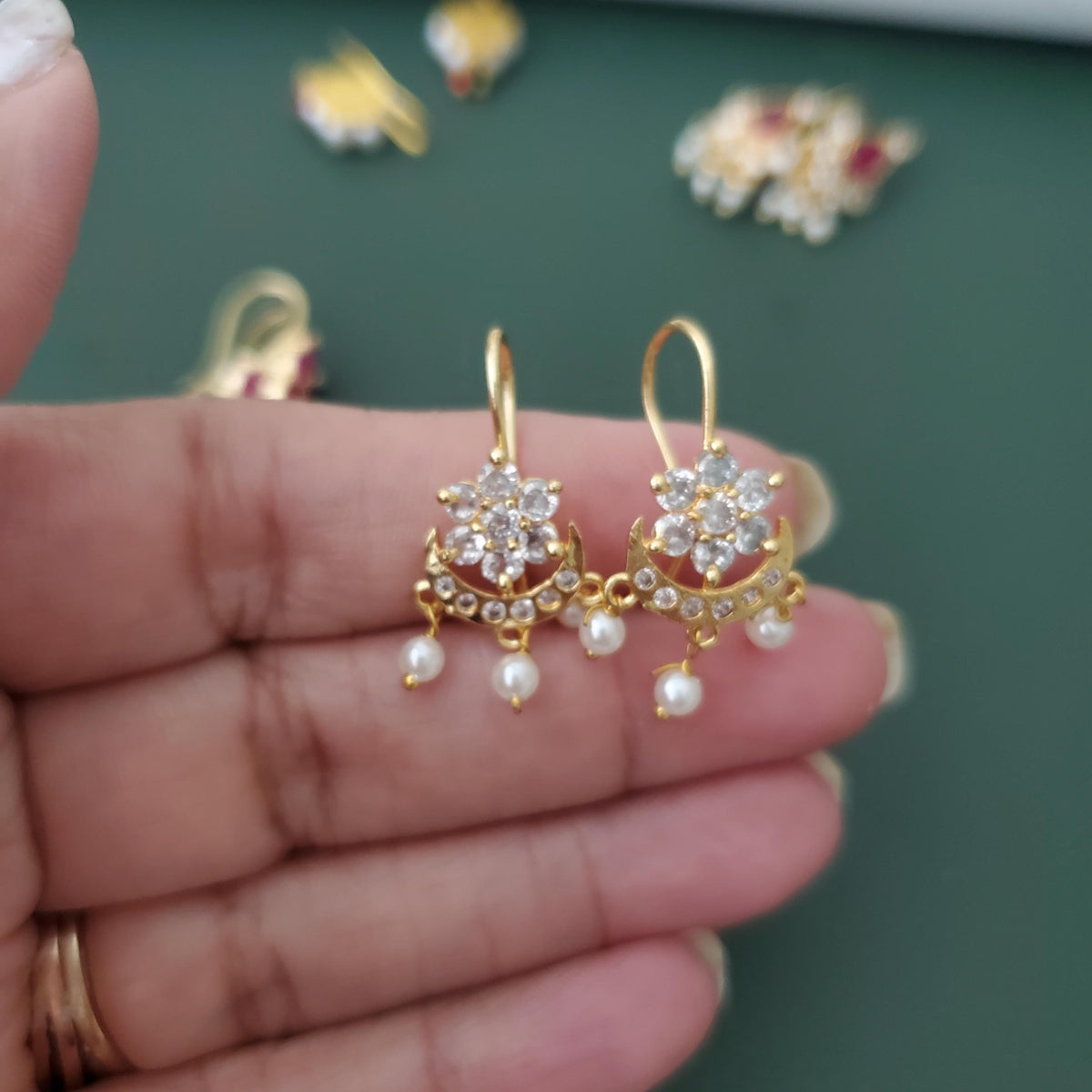 Maharashtrian Bugadi Earrings: Moti, CZ Ruby, Pearl Clip-Ons