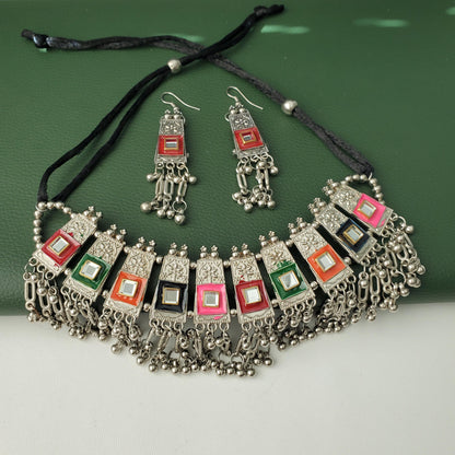 Oxidized Multicolor choker Set: Navratri Garba Choker and Earrings