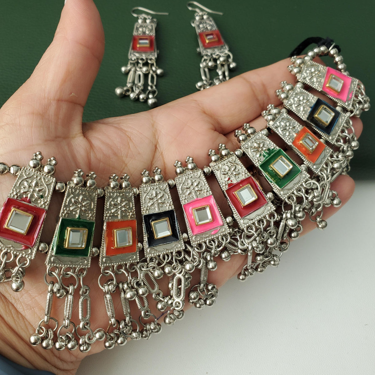 Oxidized Multicolor choker Set: Navratri Garba Choker and Earrings