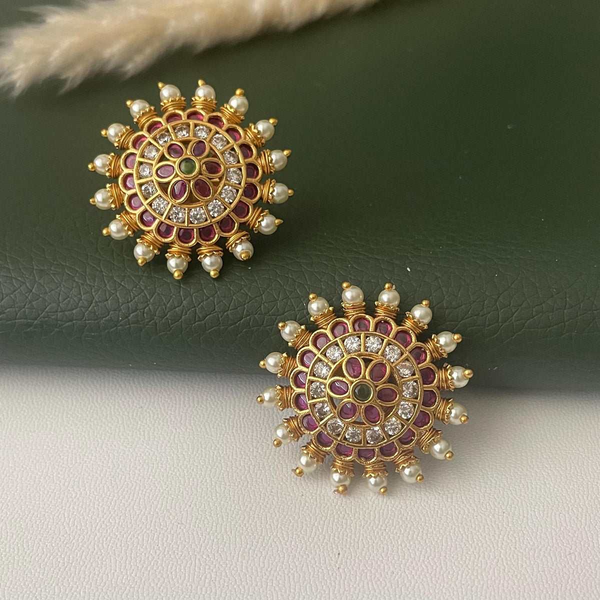 Gold Plated Kemp Stone Earrings: Indian Temple Jewelry