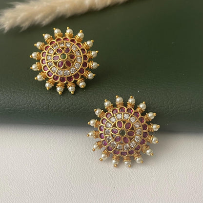 Gold Plated Kemp Stone Earrings: Indian Temple Jewelry