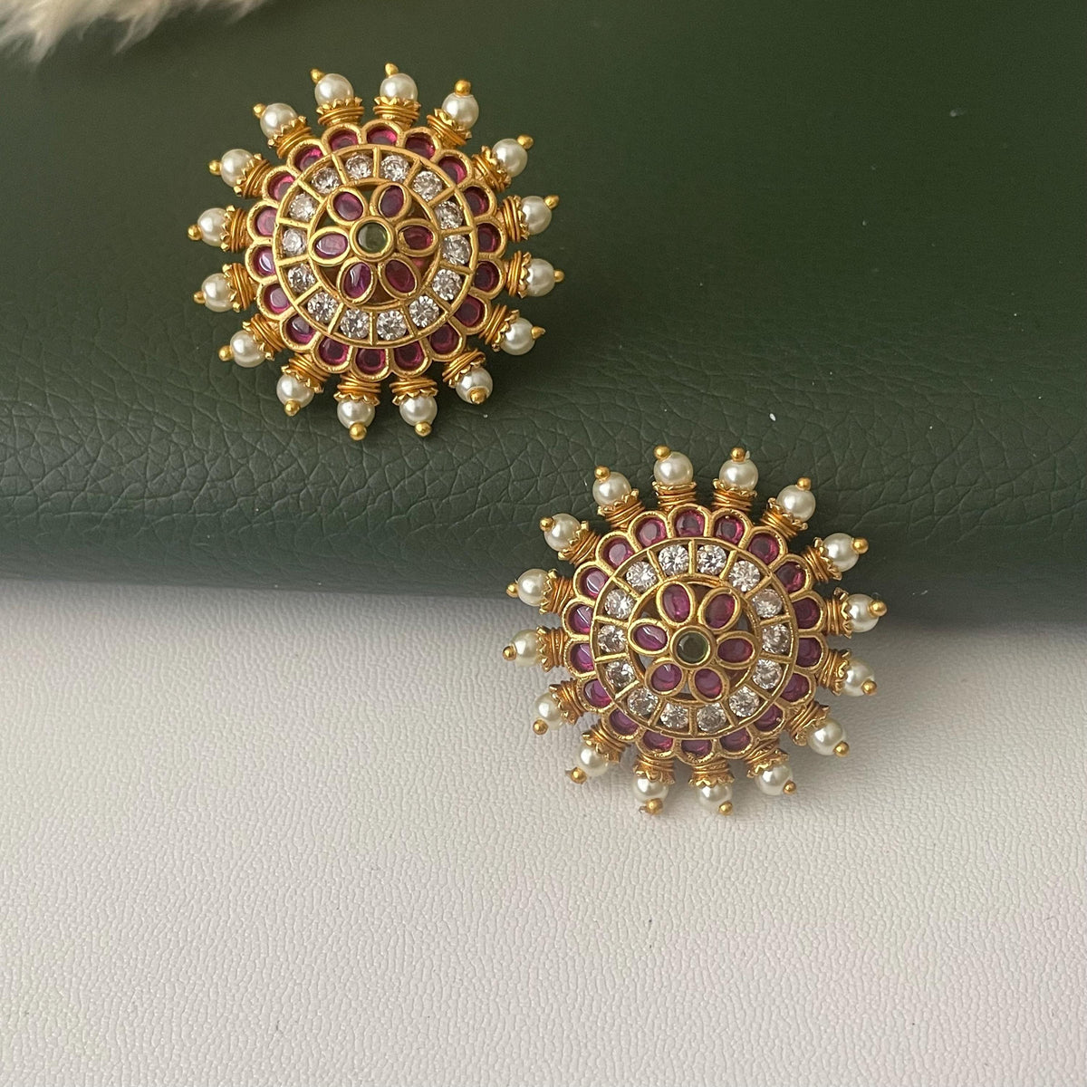 Gold Plated Kemp Stone Earrings: Indian Temple Jewelry