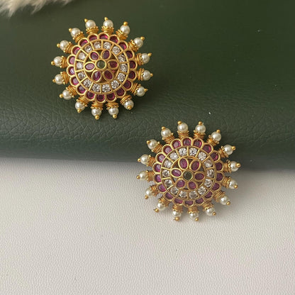 Gold Plated Kemp Stone Earrings: Indian Temple Jewelry