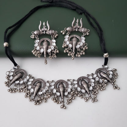 Oxidized Indian Necklace Set: Silver Lookalike Stud Earrings