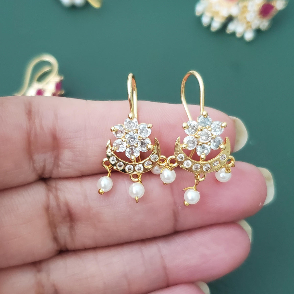 Maharashtrian Bugadi Earrings: Moti, CZ Ruby, Pearl Clip-Ons