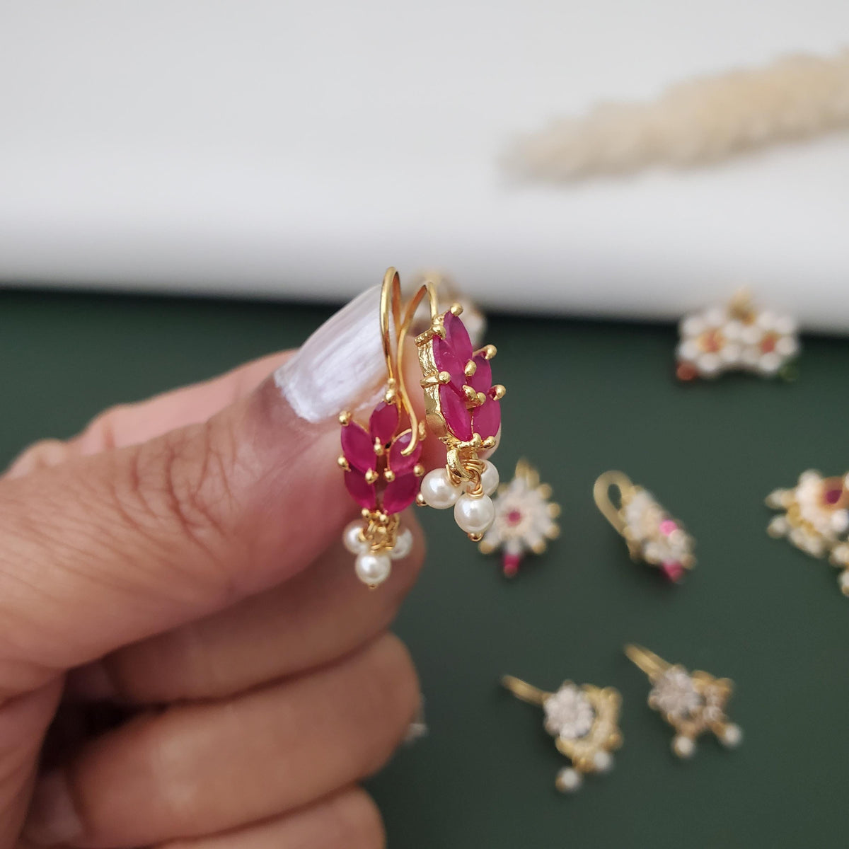 Maharashtrian Bugadi Earrings: Moti, CZ Ruby, Pearl Clip-Ons
