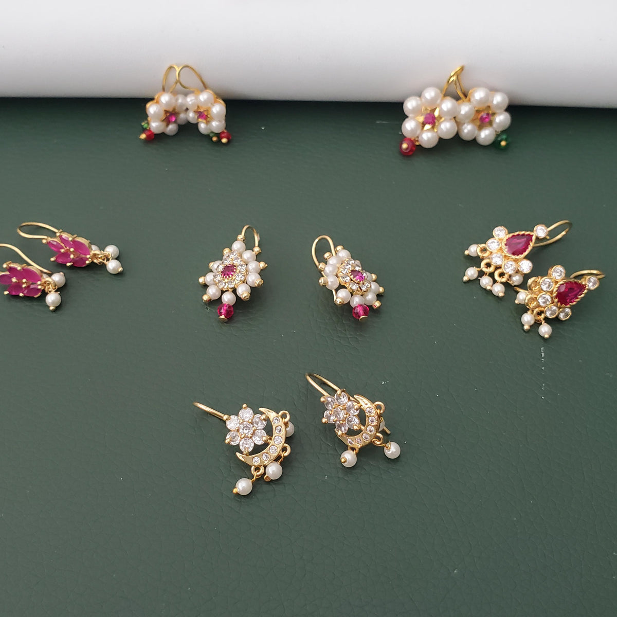 Maharashtrian Bugadi Earrings: Moti, CZ Ruby, Pearl Clip-Ons