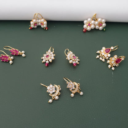 Maharashtrian Bugadi Earrings: Moti, CZ Ruby, Pearl Clip-Ons