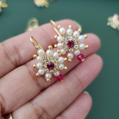 Maharashtrian Bugadi Earrings: Moti, CZ Ruby, Pearl Clip-Ons