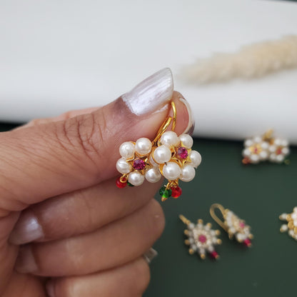 Maharashtrian Bugadi Earrings: Moti, CZ Ruby, Pearl Clip-Ons