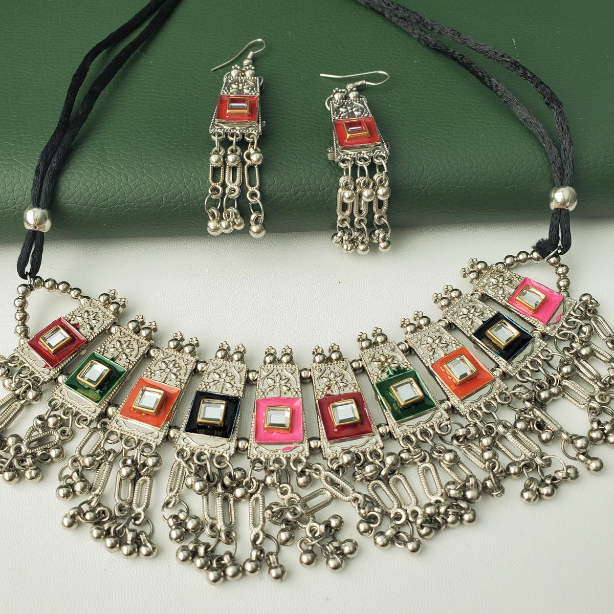Oxidized Multicolor choker Set: Navratri Garba Choker and Earrings