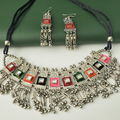 Oxidized Multicolor choker Set: Navratri Garba Choker and Earrings