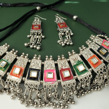 Oxidized Multicolor choker Set: Navratri Garba Choker and Earrings