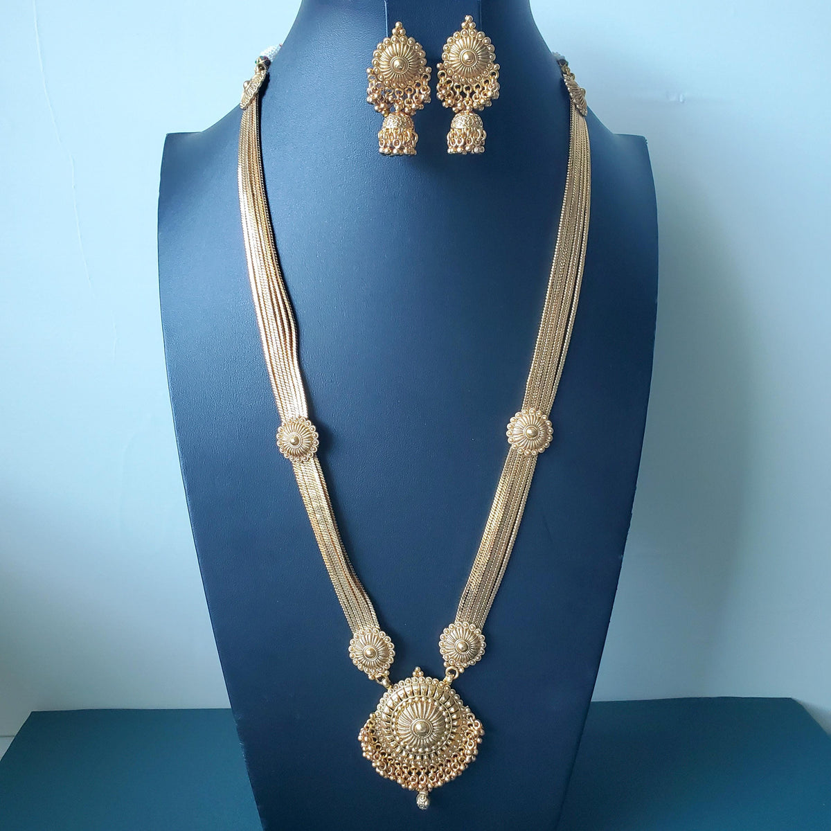 Long gold plated high quality pendent necklace with matching jhumkis : Haaram