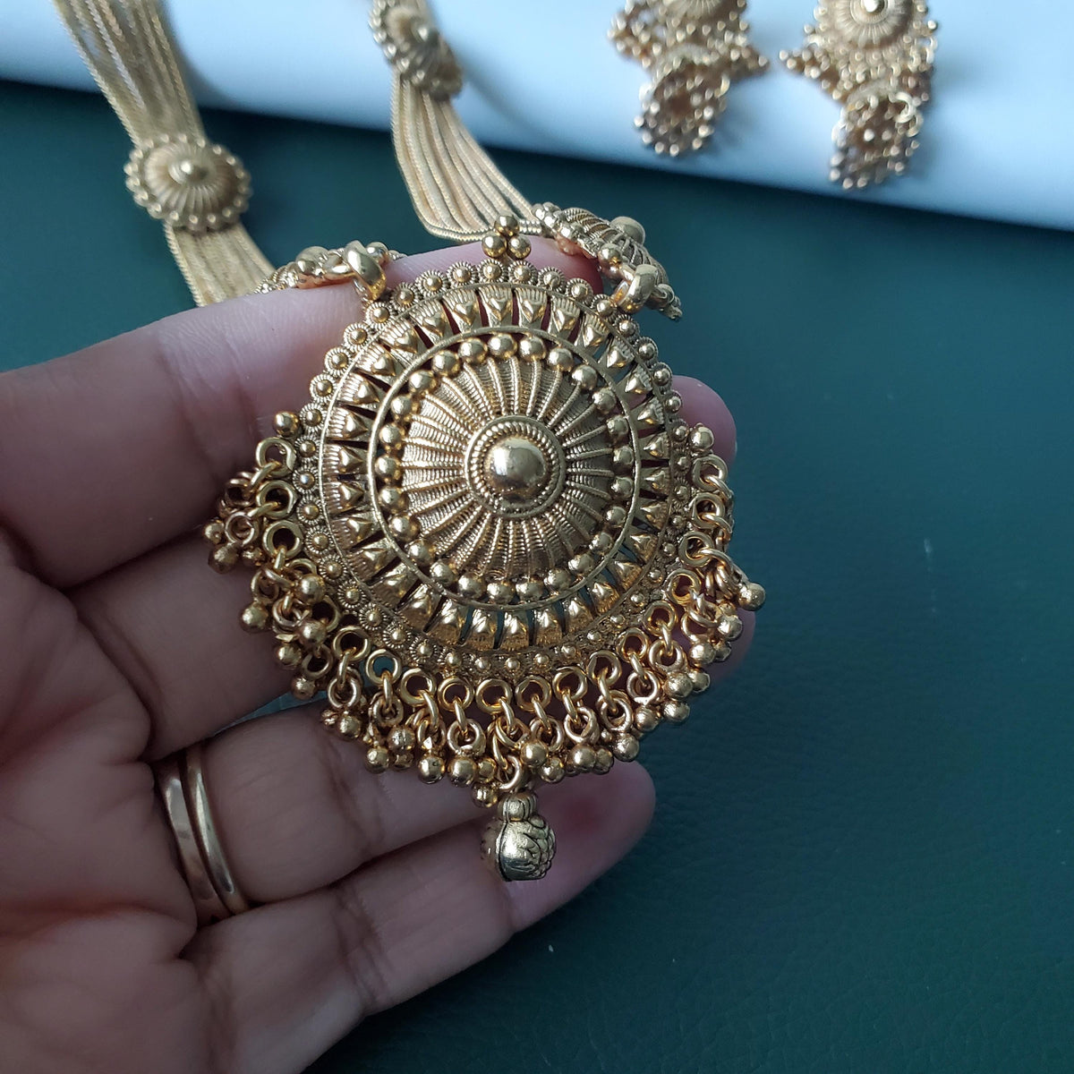 Long gold plated high quality pendent necklace with matching jhumkis : Haaram
