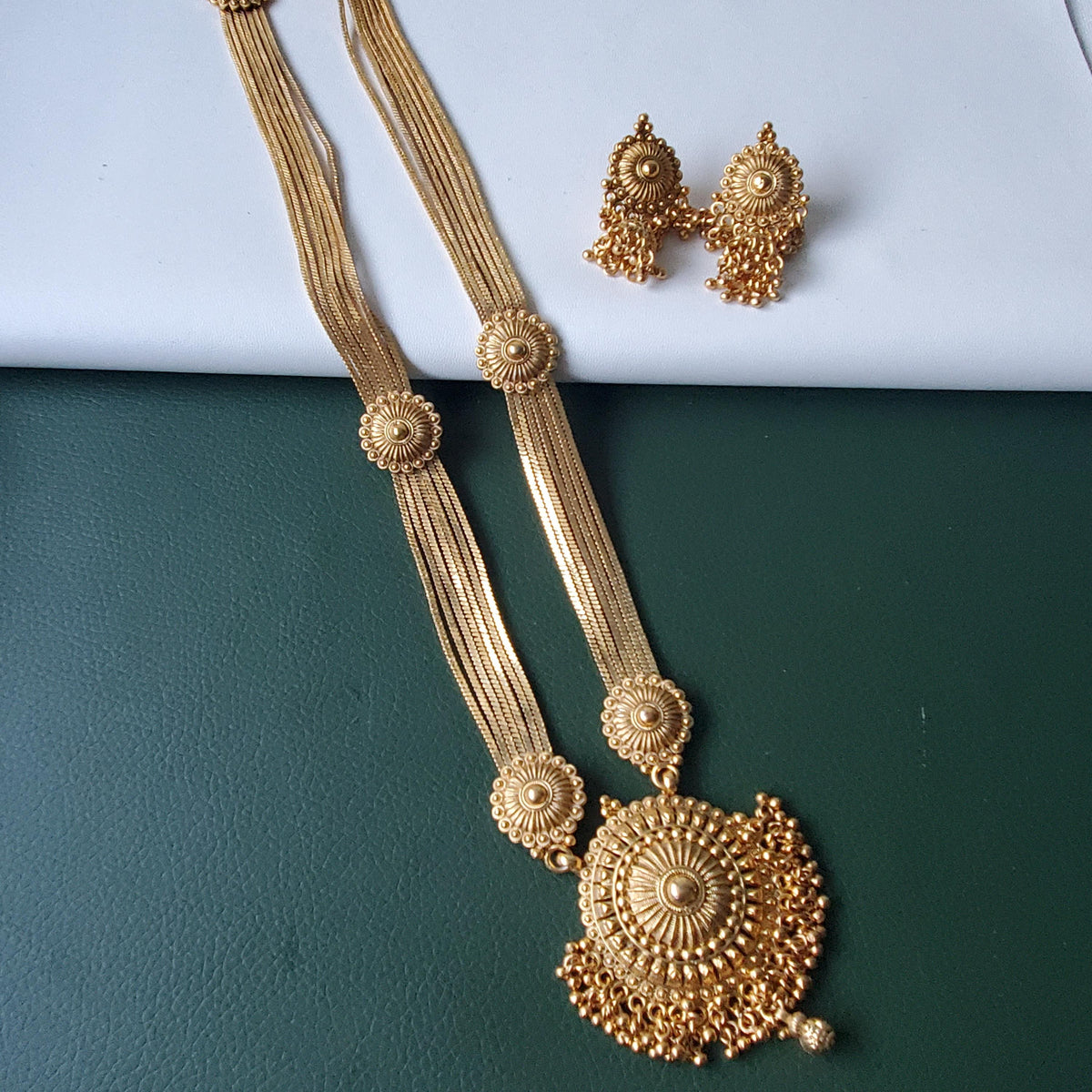 Long gold plated high quality pendent necklace with matching jhumkis : Haaram