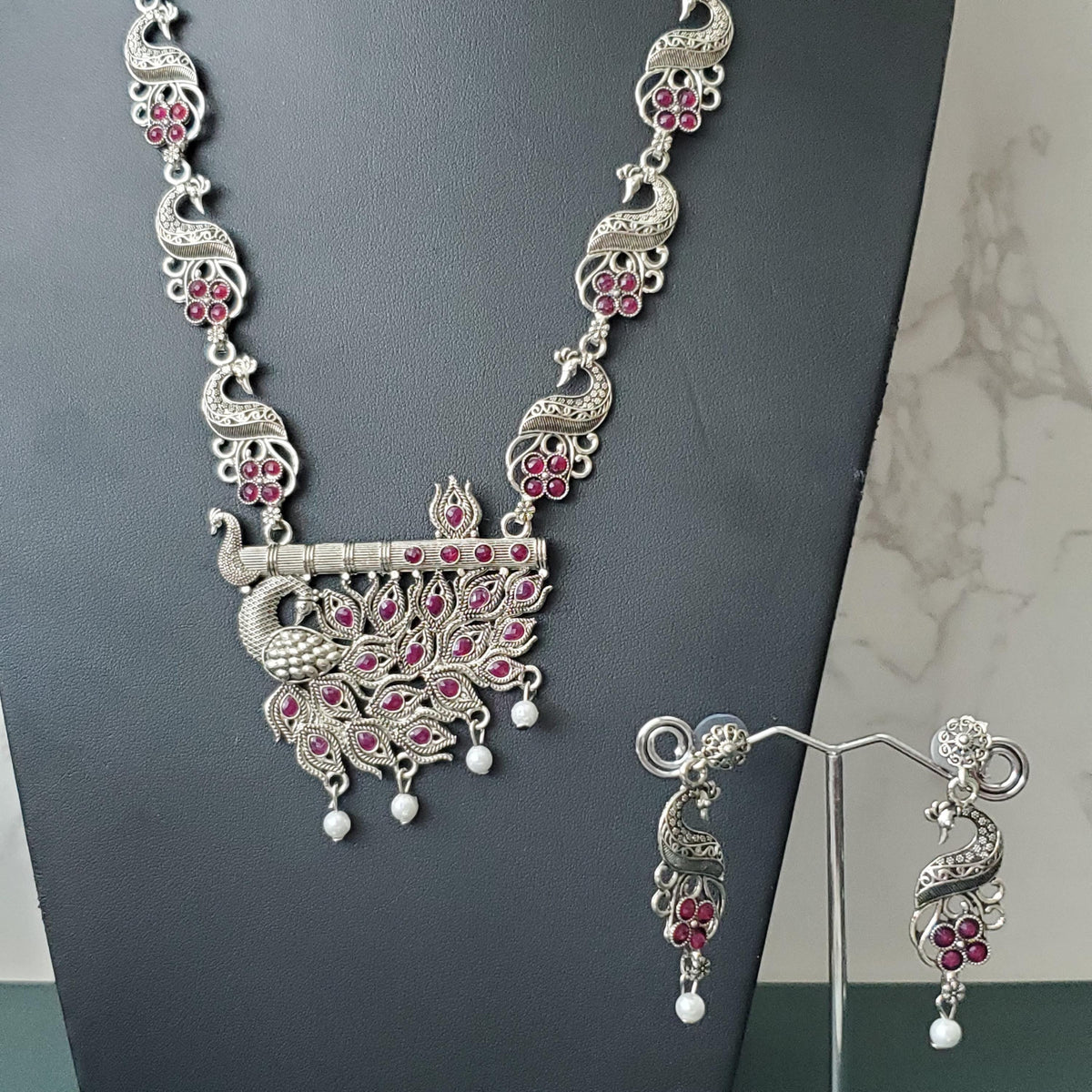 Oxidised peacock pendent ruby stones long necklace set with matching earrings