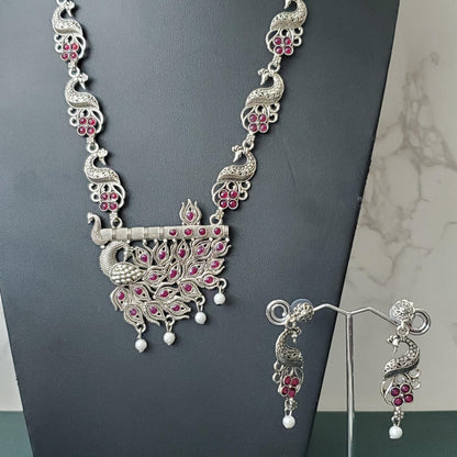 Oxidised peacock pendent ruby stones long necklace set with matching earrings
