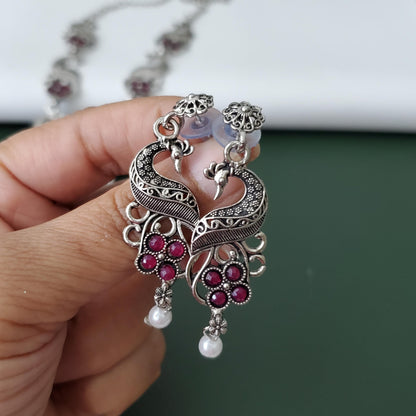 Oxidised peacock pendent ruby stones long necklace set with matching earrings