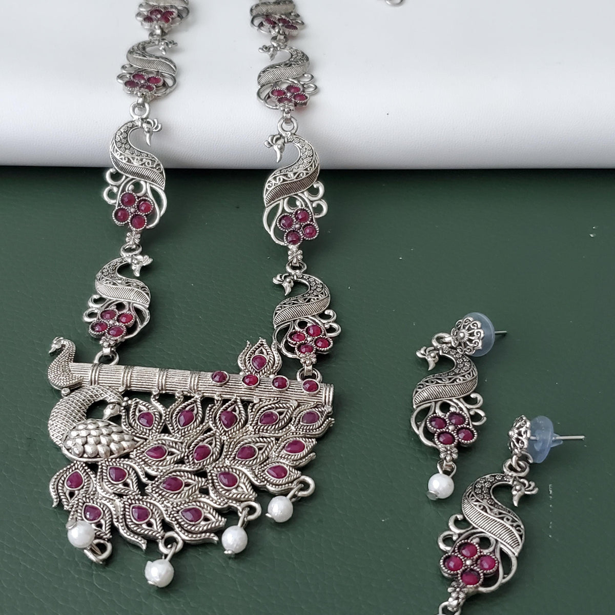 Oxidised peacock pendent ruby stones long necklace set with matching earrings