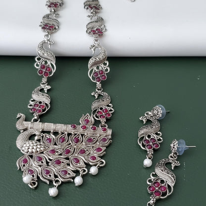 Oxidised peacock pendent ruby stones long necklace set with matching earrings