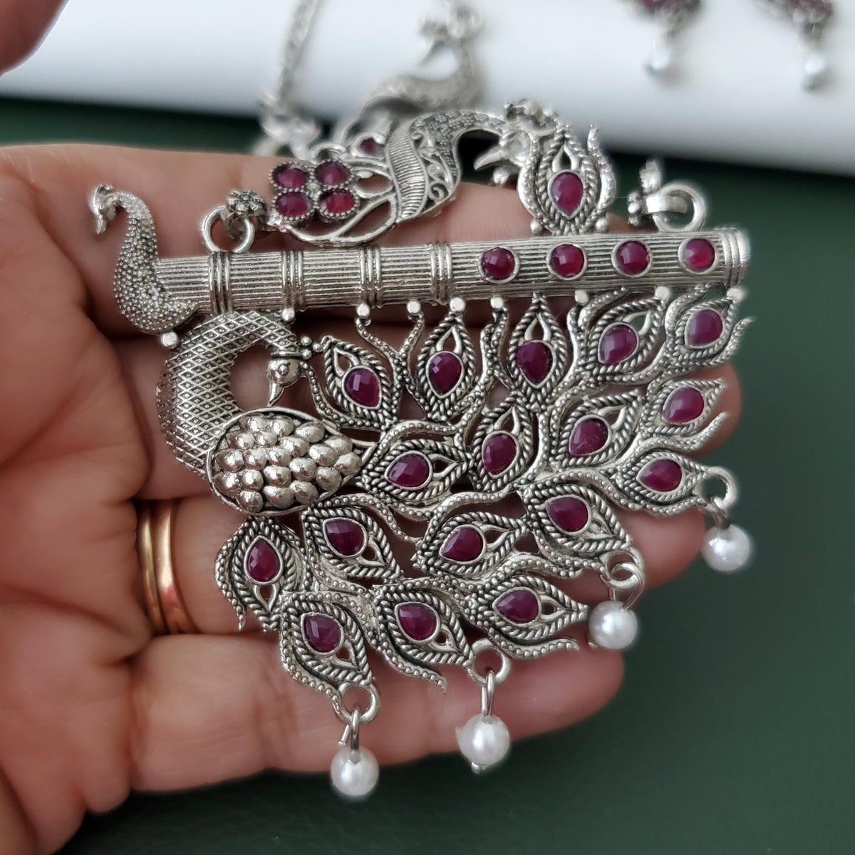 Oxidised peacock pendent ruby stones long necklace set with matching earrings