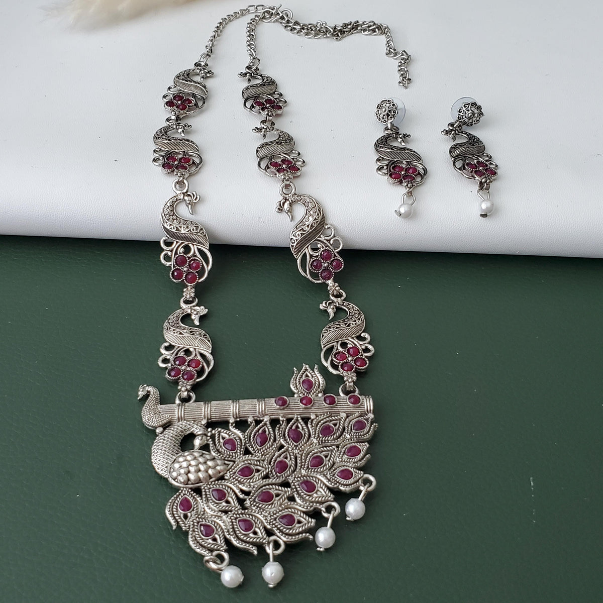 Oxidised peacock pendent ruby stones long necklace set with matching earrings