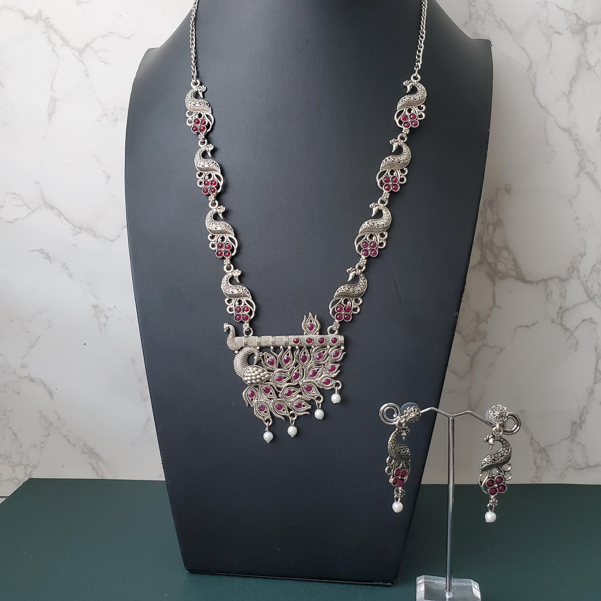 Oxidised peacock pendent ruby stones long necklace set with matching earrings