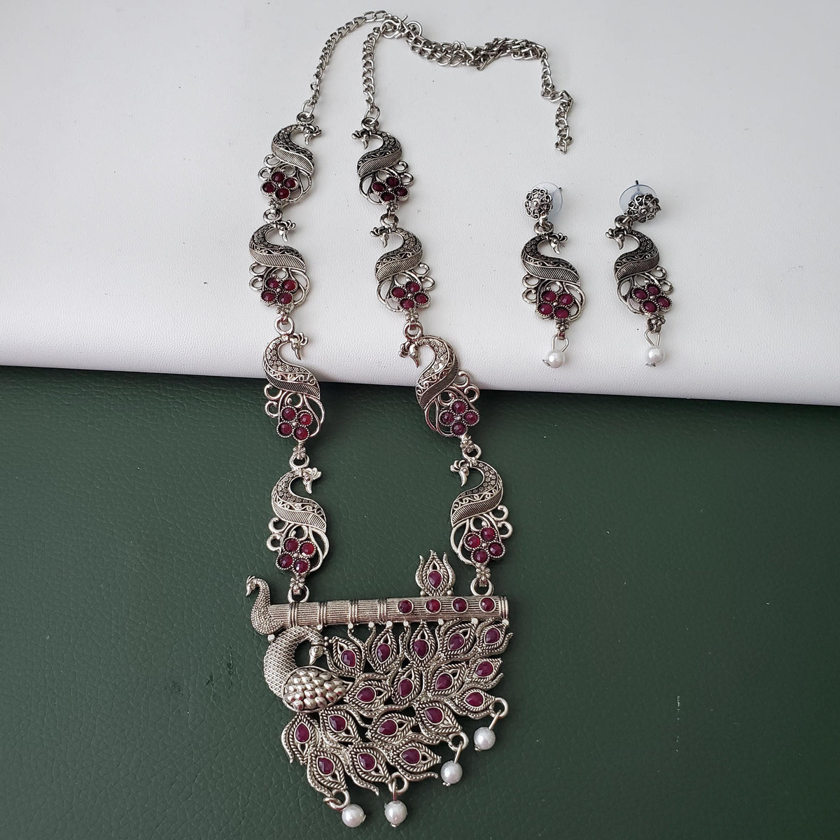 Oxidised peacock pendent ruby stones long necklace set with matching earrings