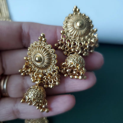 Long gold plated high quality pendent necklace with matching jhumkis : Haaram